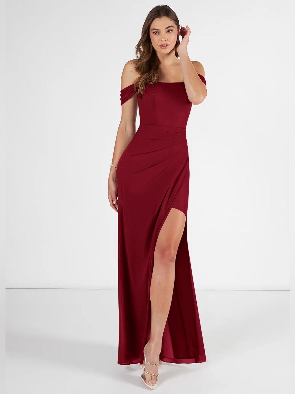 Azazie Kit Mermaid Elegant Off-Shoulder Burgundy Evening Mesh Dress